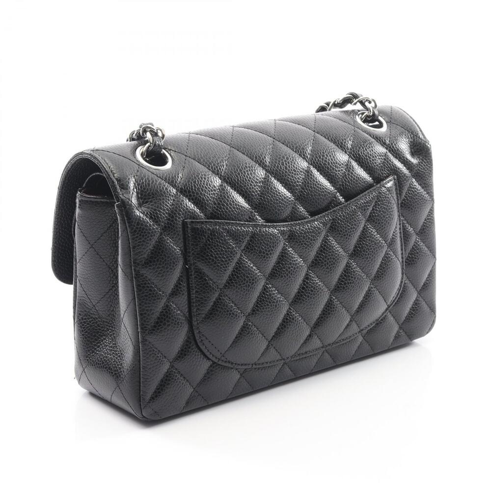 Chanel Grained Bag Shoulder Leather Double Flap Calfskin Black Matelasse Black